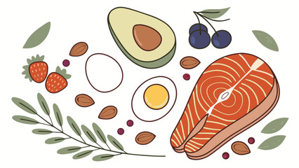 Healthy food illustration with salmon avocado egg almonds and berries for diet and nutrition 100