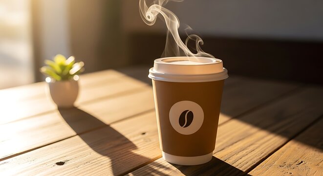 Steaming hot cup of coffee on a rustic wooden table with a small green plant casting a shadow during a bright sunny morning creating a cozy atmosphere for a relaxing break - Powered by Adobe