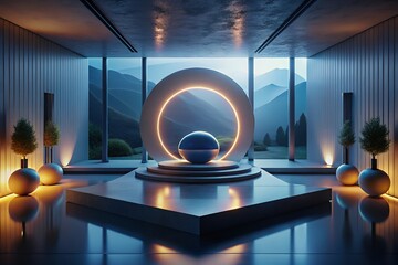 Futuristic portal with glowing orb in a modern architectural space