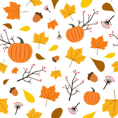Seamless autumn pattern with pumpkins, colorful leaves, and acorns. Ideal for seasonal backgrounds, wrapping paper, and fall-themed creative projects.