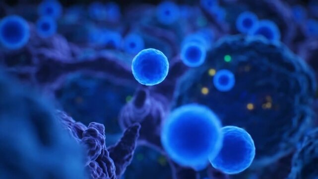 Futuristic visualization of glowing blue nanoparticles interacting with a complex cellular structure, illustrating advancements in biotechnology and medicine