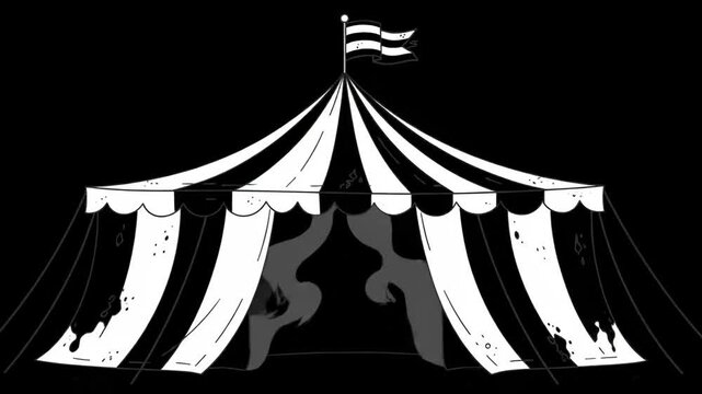 Creepy Carnival Tent Cartoon - A black and white cartoon illustration of a creepy carnival tent, with a striped design and a flag on top.