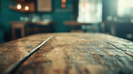 Rustic wooden table in a cozy cafe during the afternoon light