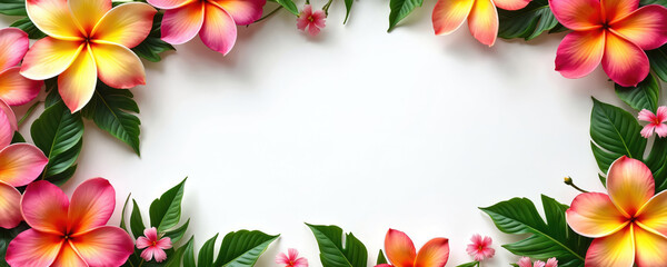 Vibrant lei of colorful Hawaiian plumeria flowers, green leaves arranged on white background. Tropical floral arrangement evokes celebration, exotic island traditions. Perfect for festive occasions,
