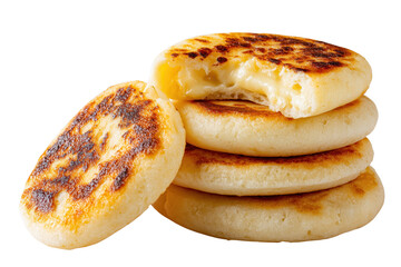 Stack of golden brown cheese filled pancakes with melted cheese oozing isolated on a transparent background