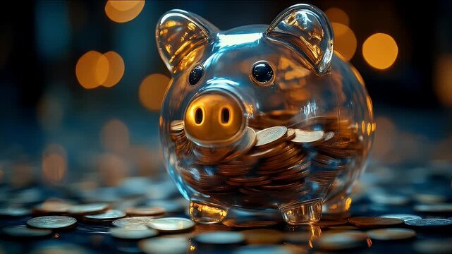 透明な豚の貯金箱と背景の金色のボケ味のコインの散布図