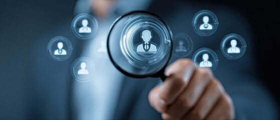 Magnifying glass focusing on a person icon within a network of similar icons
