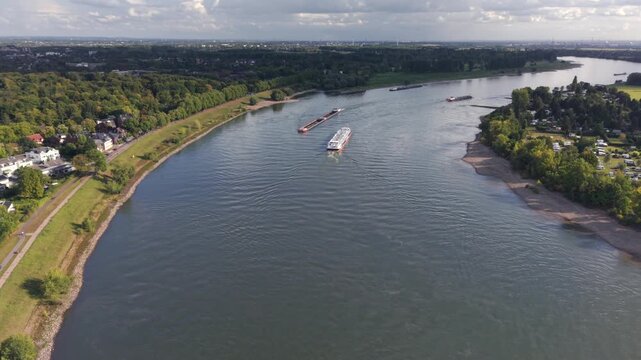 River of Rhein as a fly over with a drone from top during autumn season