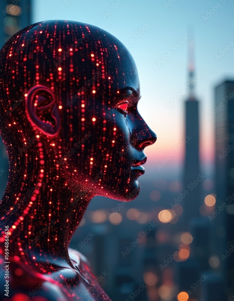 Poster futuristic digital human silhouette with red glowing binary code patterns against blurred urban skyl