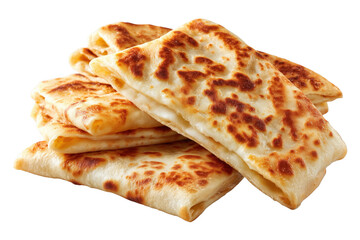 Stack of golden brown folded flatbreads with visible cheese filling isolated on a transparent background
