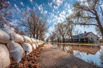 Floodwaters inundate a residential street lined with sandbags