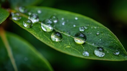 Macro shot of water droplets on a vibrant green leaf