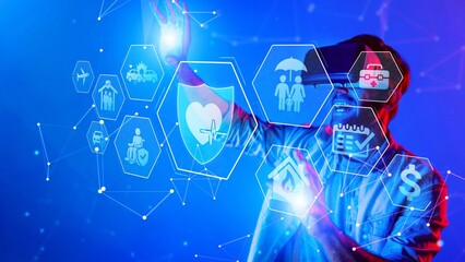 A dynamic scene featuring a virtual reality user engaged with interactive technology icons, symbolizing various sectors' evolution and connectivity in modern life. Raster