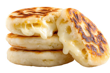Stack of melted cheese filled arepas with grilled marks isolated on a transparent background food stuffed