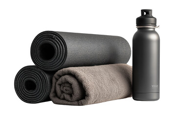 Stacked dark gray yoga mats and rolled beige towel beside water bottle isolated on a transparent background