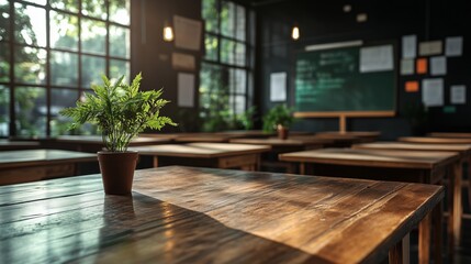 Sunlight fills an empty classroom with neat desks, plants, and a sense of quiet anticipation. The scene captures education, potential, and serene stillness.