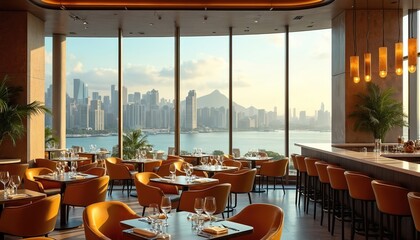 Luxurious fine dining restaurant offers panoramic city skyline views. Modern interior features elegant, upscale seating, stylish bar. Perfect for romantic evenings, business dinners, special life