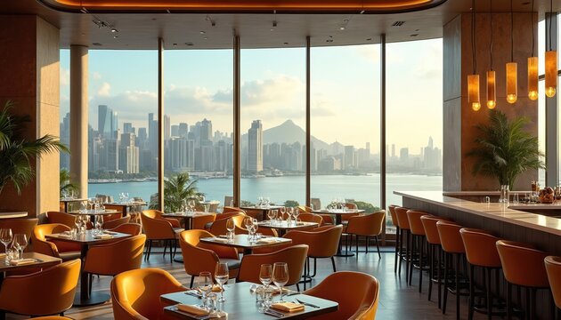 Luxurious fine dining restaurant offers panoramic city skyline views. Modern interior features elegant, upscale seating, stylish bar. Perfect for romantic evenings, business dinners, special life