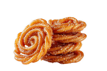 Stacked orange spiral pastries sprinkled with sugar crystals isolated on a transparent background pastry