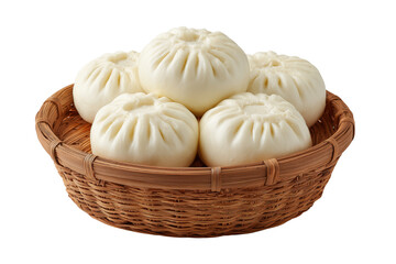 Steamed white buns in a woven bamboo basket isolated on a transparent background food asian
