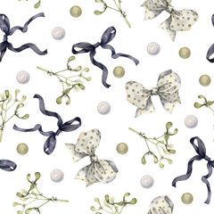 Seamless Watercolor Mistletoe and Bows Pattern, an elegant decorative texture and sophisticated motif featuring simple tied ribbons on a Transparent background, ideal for fabric, wrapping paper.