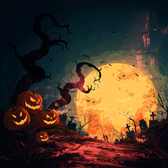 Halloween party with pumpkins devils celebrated with their friends in full moon dark night background