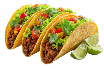 Three crunchy tacos with seasoned meat and fresh vegetables and lime wedges isolated on a transparent background