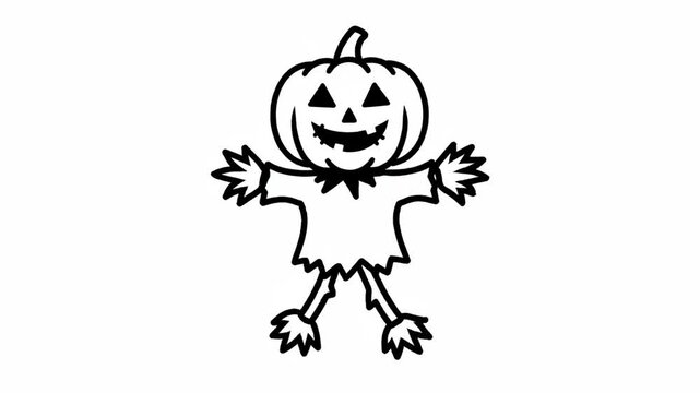Cartoon Pumpkin Scarecrow Illustration - A black and white cartoon illustration of a scarecrow with a pumpkin head.