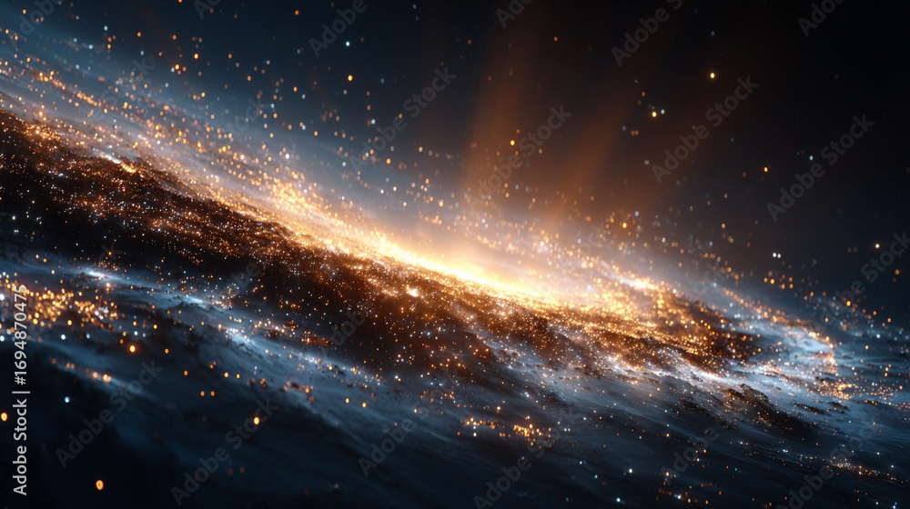 Poster cosmic energy burst with blue and gold light exploding in space creating a dramatic luminous scene w