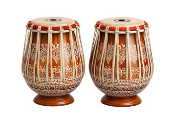 Two Indian Tabla Drums with Intricate White Patterns isolated on a transparent background percussion