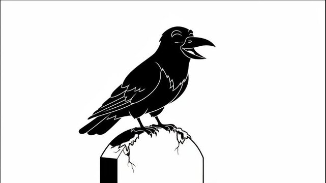 Cartoon Raven on Tombstone - A black and white cartoon raven perches atop a cracked tombstone, set against a plain white background.