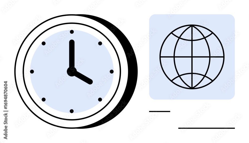 Poster analog clock with minute and hour hands next to a globe grid icon, emphasizing time management, glob