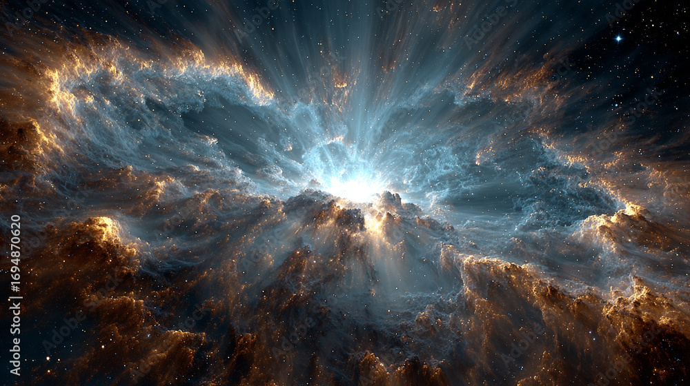 Poster cosmic energy burst with blue and gold light exploding in space creating a dramatic luminous scene w