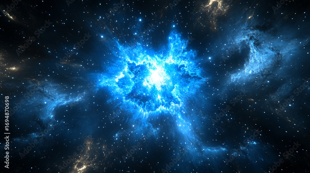 Poster cosmic energy burst with blue and gold light exploding in space creating a dramatic luminous scene w