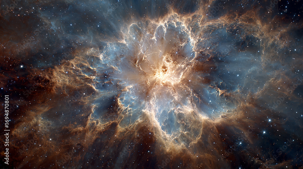Poster cosmic energy burst with blue and gold light exploding in space creating a dramatic luminous scene w