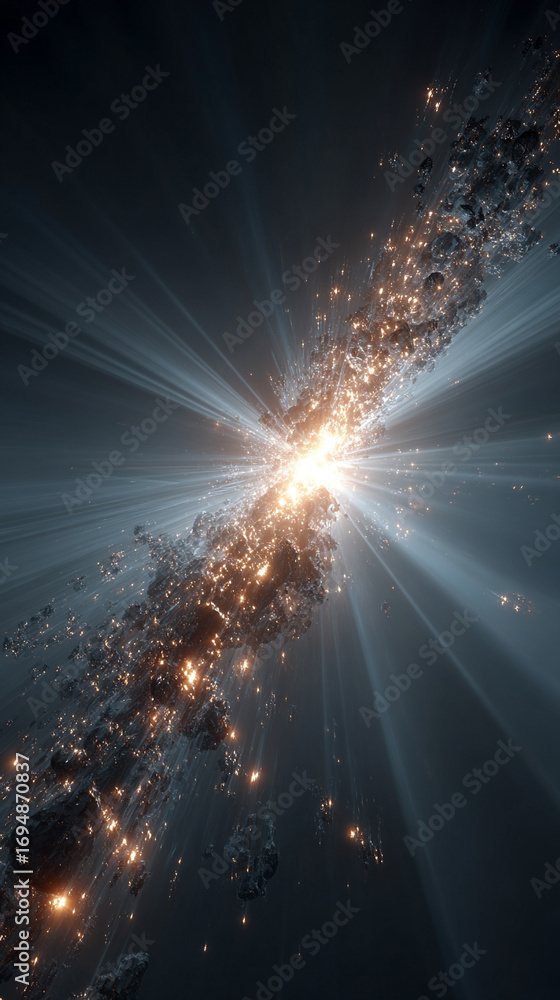 Poster cosmic energy burst with blue and gold light exploding in space creating a dramatic luminous scene w