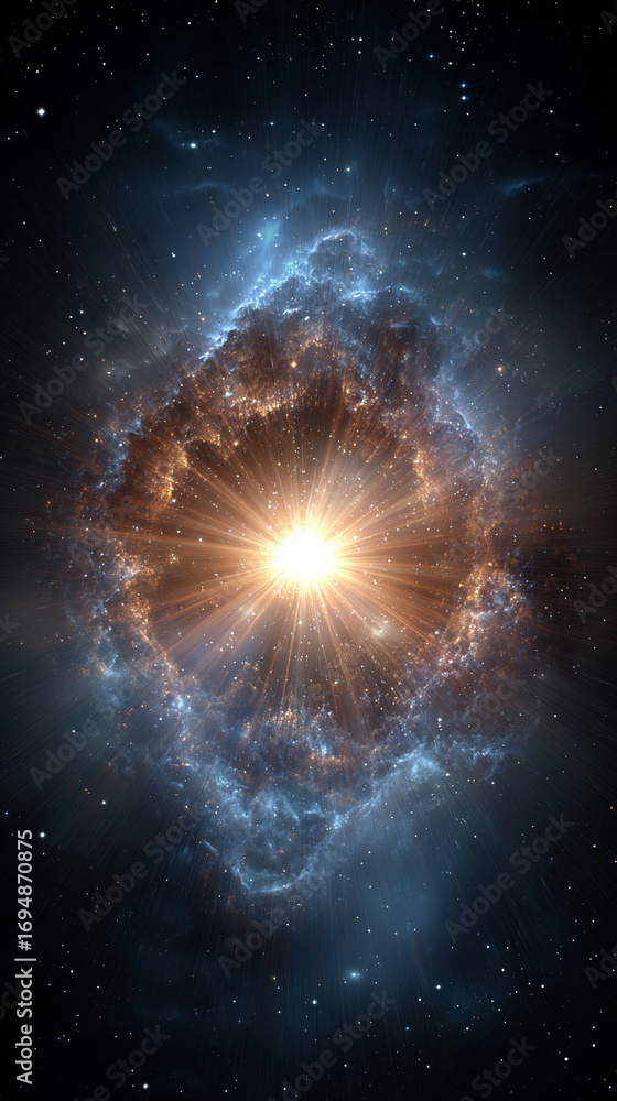 Poster cosmic energy burst with blue and gold light exploding in space creating a dramatic luminous scene w