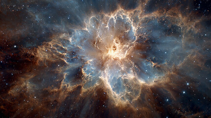 Cosmic energy burst with blue and gold light exploding in space creating a dramatic luminous scene with radiant particles motion and depth for futuristic celestial or abstract background