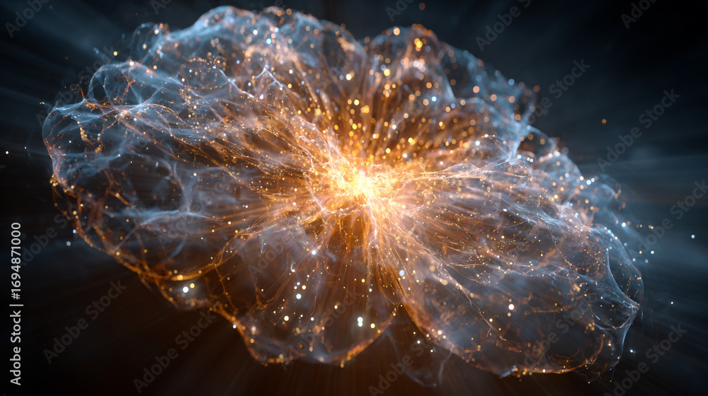 Poster cosmic energy burst with blue and gold light exploding in space creating a dramatic luminous scene w