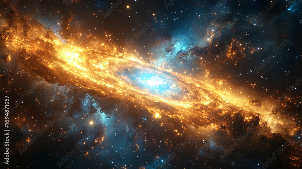 Poster cosmic energy burst with blue and gold light exploding in space creating a dramatic luminous scene w