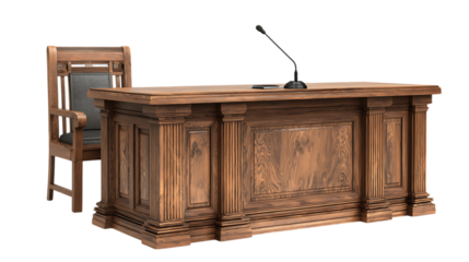 Wooden judges bench and chair isolated on transparent background.