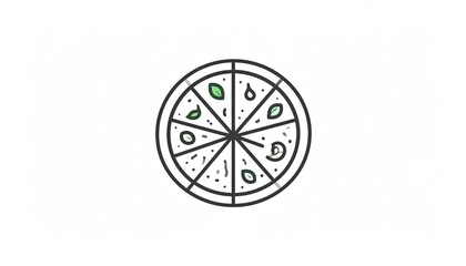 Minimalist vector illustration of a classic round pizza, perfectly sliced and adorned with fresh basil leaves, ideal for restaurant branding, food delivery apps, or culinary blog graphics