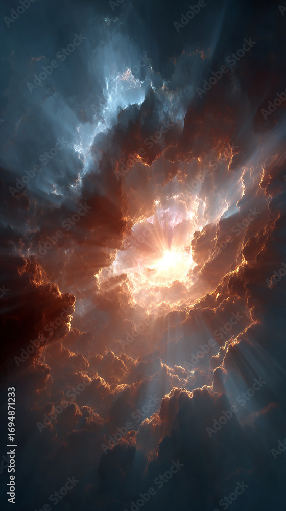 Poster cosmic energy burst with blue and gold light exploding in space creating a dramatic luminous scene w