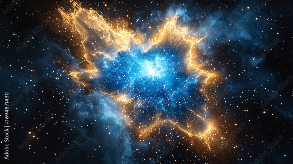 Poster cosmic energy burst with blue and gold light exploding in space creating a dramatic luminous scene w