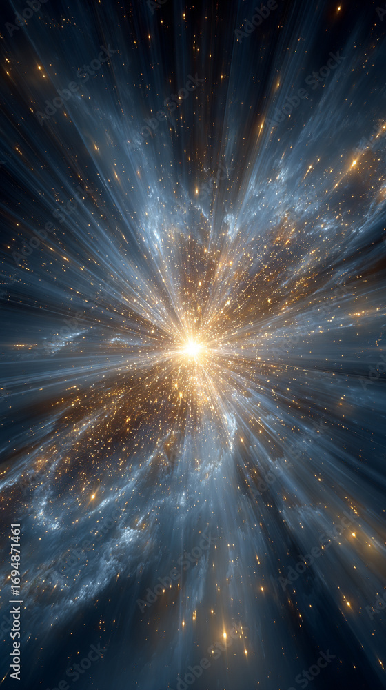 Poster cosmic energy burst with blue and gold light exploding in space creating a dramatic luminous scene w
