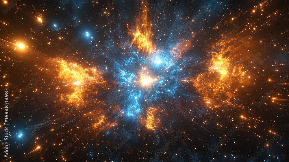 Poster cosmic energy burst with blue and gold light exploding in space creating a dramatic luminous scene w