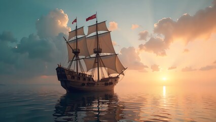 Fototapeta premium Vintage Sailing Ship on Calm Sea at Sunset with Soft Clouds