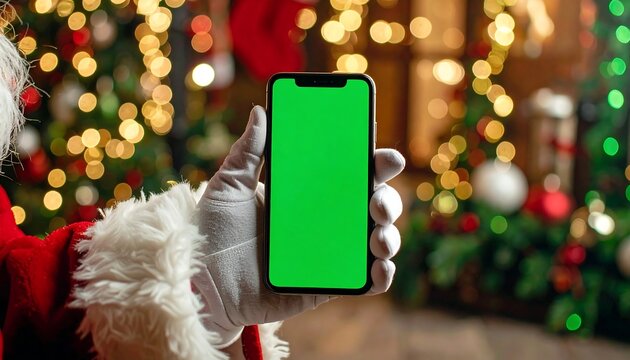 Santa Claus holding a phone with a green screen in front of Christmas trees