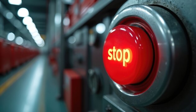 Red emergency stop button on industrial machinery. Urgent safety control for factory operations, automation equipment. Immediate shutdown alert for production lines, workplace caution, mechanical