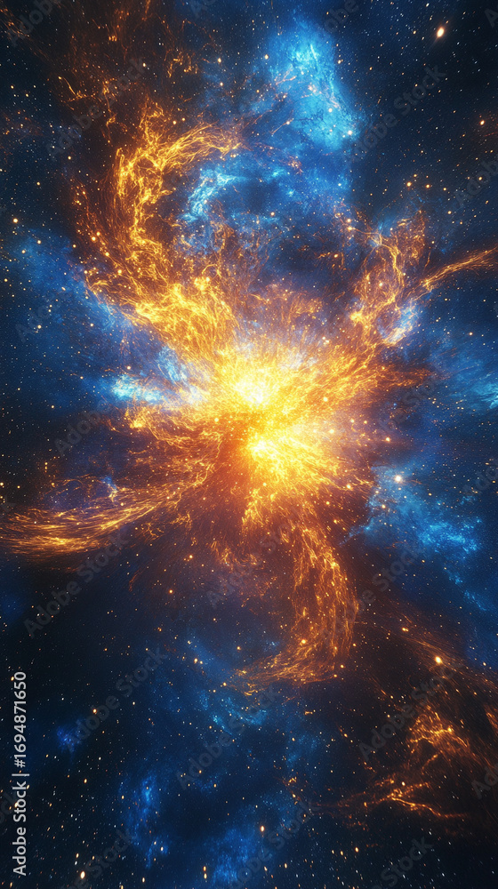 Aufkleber cosmic energy burst with blue and gold light exploding in space creating a dramatic luminous scene w